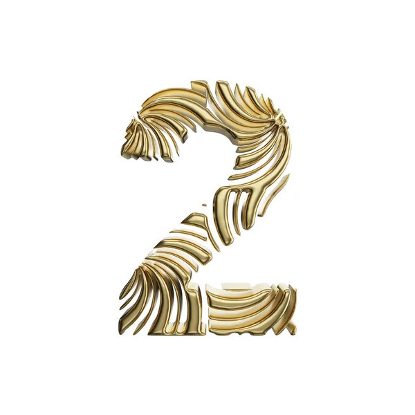 Alfabet nummer 2. Gouden lettertype gemaakt van glanzende gele metaal. 3D render geïsoleerd op witte achtergrond. — Stockfoto