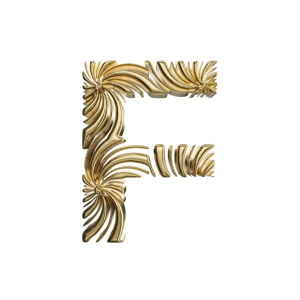 Alphabet letter F uppercase. Golden font made of shiny yellow metal. 3D render isolated on white background. — Stock Photo, Image