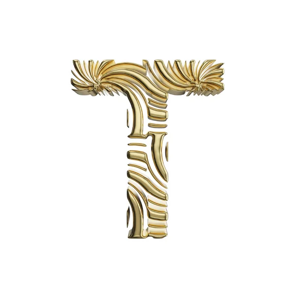 Alphabet bokstaven T versaler. Gyllene teckensnitt av glänsande gul metall. 3D render isolerad på vit bakgrund. — Stockfoto