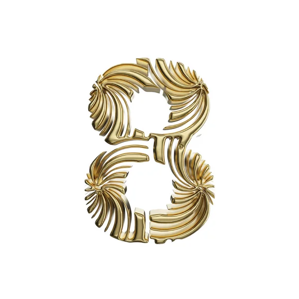 Alfabetet nummer 8. Gyllene teckensnitt av glänsande gul metall. 3D render isolerad på vit bakgrund. — Stockfoto