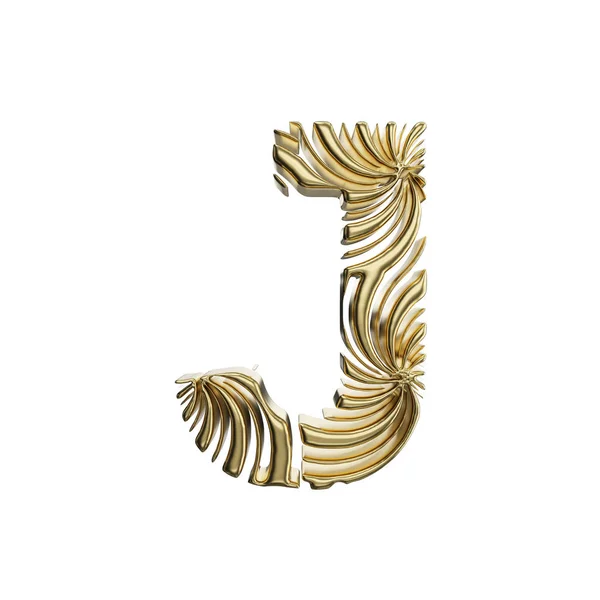 Alfabet letter J hoofdletters. Gouden lettertype gemaakt van glanzende gele metaal. 3D render geïsoleerd op witte achtergrond. — Stockfoto