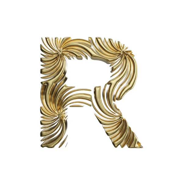 Alfabet letter R hoofdletters. Gouden lettertype gemaakt van glanzende gele metaal. 3D render geïsoleerd op witte achtergrond. — Stockfoto