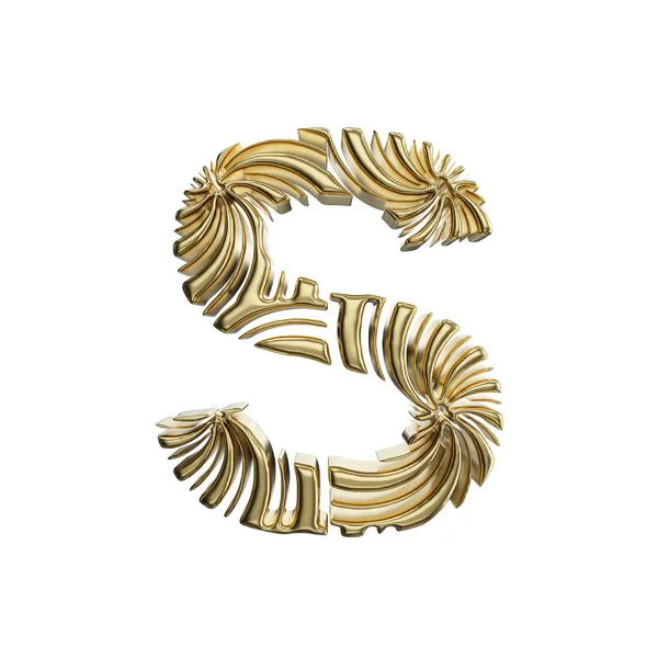 Alfabet letter S hoofdletters. Gouden lettertype gemaakt van glanzende gele metaal. 3D render geïsoleerd op witte achtergrond. — Stockfoto