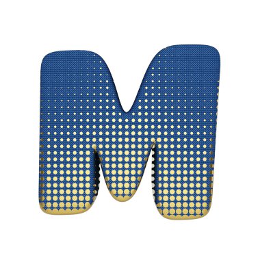 Alfabe harf büyük harf M. Mavi jean dokusuna altın noktalı resim yazı tipi. Beyaz arka plan üzerinde izole 3d render.