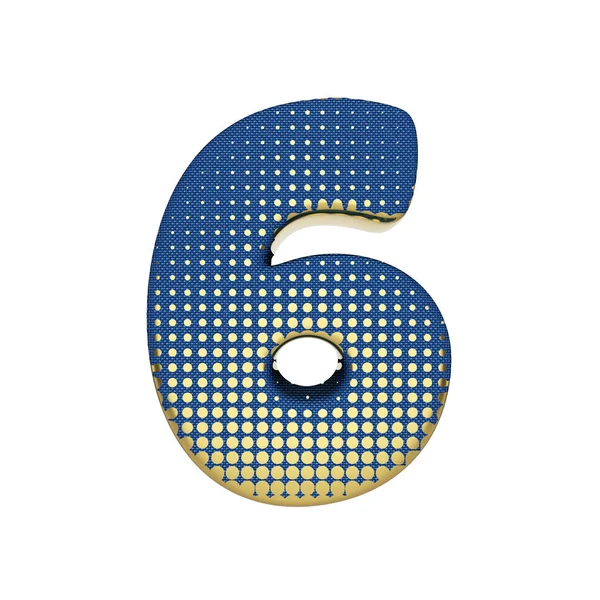 Alfabeto número 6. Fuente semitono dorado fabricada en textura jean azul. Representación 3D aislada sobre fondo blanco . — Foto de Stock