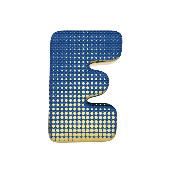 Alfabet letter E hoofdletters. Gouden halftone lettertype gemaakt van blauwe jean textuur. 3D render geïsoleerd op witte achtergrond. — Stockfoto