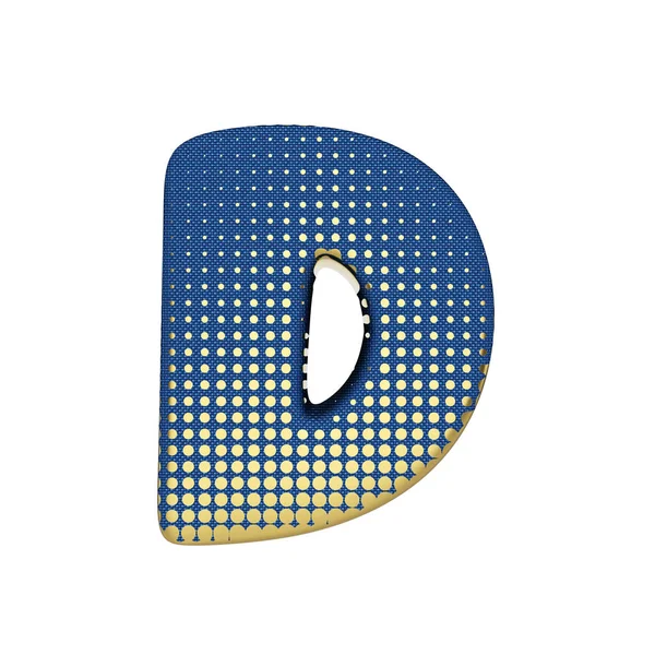 Huruf alfabet D huruf besar. Fonta halfton emas yang terbuat dari tekstur jean biru. 3D render diisolasi di latar belakang putih . — Stok Foto