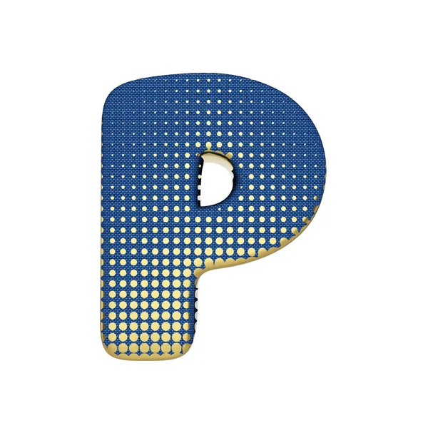 Alphabet bokstaven P versaler. Guld halvton teckensnitt tillverkad av blå jean textur. 3D render isolerad på vit bakgrund. — Stockfoto
