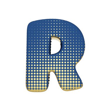 Alfabe harf R büyük. Mavi jean dokusuna altın noktalı resim yazı tipi. Beyaz arka plan üzerinde izole 3d render.