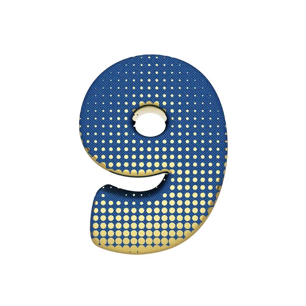 Buchstabennummer 9. Goldene Halbtonschrift aus blauer Jeansstruktur. 3D-Darstellung isoliert auf weißem Hintergrund. — Stockfoto