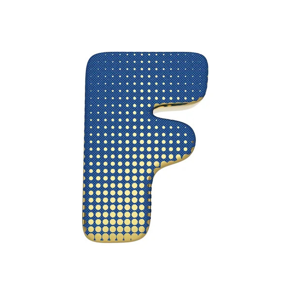 Buchstabe f in Großbuchstaben. goldene Halbtonschrift aus Blue Jean Textur. 3D-Darstellung isoliert auf weißem Hintergrund. — Stockfoto