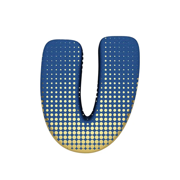 Alfabeto letra U maiúscula. Fonte meio tom dourada feita de textura jean azul. Renderização 3D isolada em fundo branco . — Fotografia de Stock