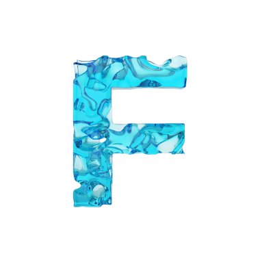 Alfabe harf F büyük harf. Taze mavi su sıvı yazı tipi. Beyaz arka plan üzerinde izole 3d render.