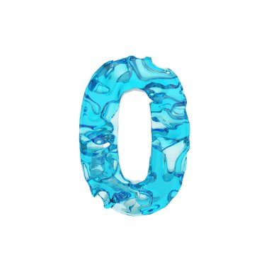 Alfabe numarası 0. Taze mavi su sıvı yazı tipi. Beyaz arka plan üzerinde izole 3d render.