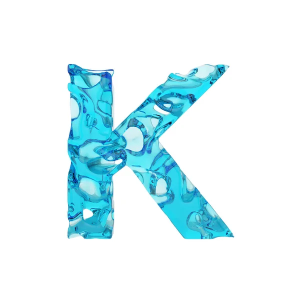Letra del alfabeto K mayúscula. Fuente líquida hecha de agua azul dulce. Representación 3D aislada sobre fondo blanco . —  Fotos de Stock