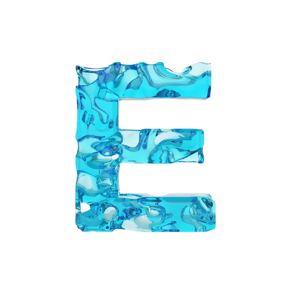 Buchstabe e e in Großbuchstaben. flüssige Schrift aus frischem blauen Wasser. 3D-Darstellung isoliert auf weißem Hintergrund. — Stockfoto