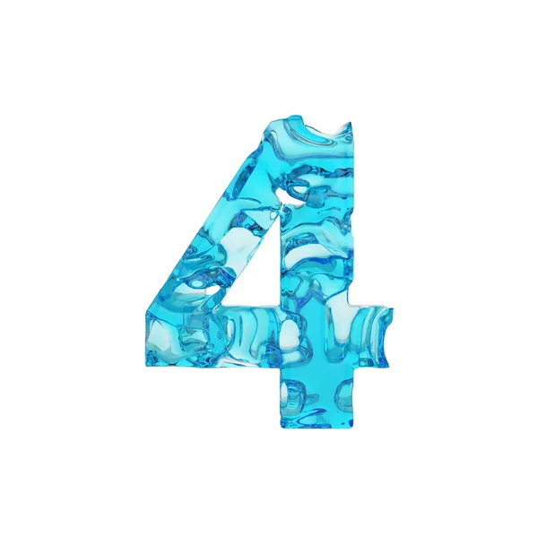 Alfabeto número 4. Fonte líquida feita de água azul fresca. Renderização 3D isolada em fundo branco . — Fotografia de Stock
