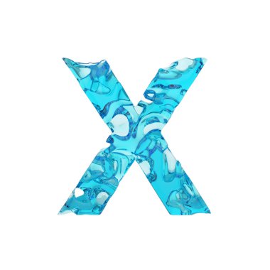 Alfabe harf X büyük harf. Taze mavi su sıvı yazı tipi. Beyaz arka plan üzerinde izole 3d render.
