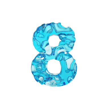 Alfabe sayı 8. Taze mavi su sıvı yazı tipi. Beyaz arka plan üzerinde izole 3d render.
