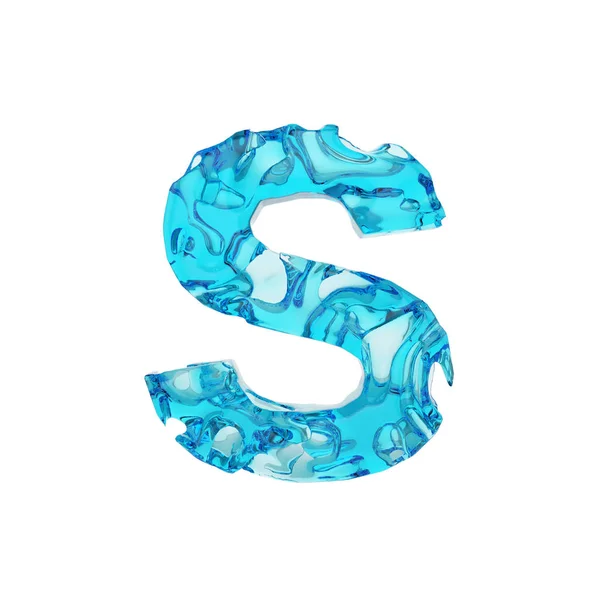 Huruf alfabet S uppercase. Fonta cair yang terbuat dari air biru tawar. 3D render diisolasi di latar belakang putih . — Stok Foto
