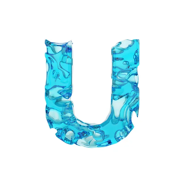 알파벳 U 대문자 편지입니다. 신선한 푸른 물 액체 글꼴에 의하여 이루어져 있다. 흰색 배경에 고립 된 3 차원 렌더링. — 스톡 사진