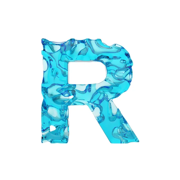 Buchstabe r in Großbuchstaben. flüssige Schrift aus frischem blauen Wasser. 3D-Darstellung isoliert auf weißem Hintergrund. — Stockfoto