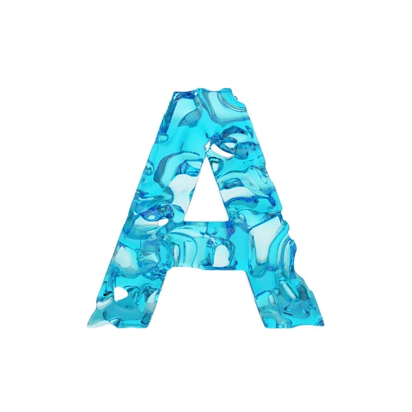 Huruf alfabet A uppercase. Fonta cair yang terbuat dari air biru tawar. 3D render diisolasi di latar belakang putih . — Stok Foto