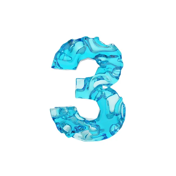 Alfabet nummer 3. Vloeibare lettertype gemaakt van verse blauwe water. 3D render geïsoleerd op witte achtergrond. — Stockfoto