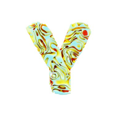 Alfabe harf büyük harf Y. Sıvı Dinamik font su turuncu, mavi ve sarı renkli mürekkeple yapılmış. Beyaz arka plan üzerinde izole 3d render.