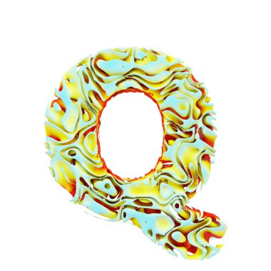 Alfabe harf Q büyük harf. Sıvı Dinamik font su turuncu, mavi ve sarı renkli mürekkeple yapılmış. Beyaz arka plan üzerinde izole 3d render.