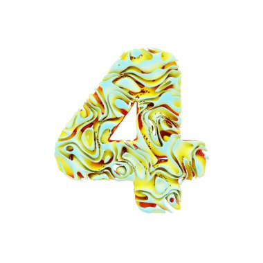 Alfabe sayı 4. Sıvı Dinamik font su turuncu, mavi ve sarı renkli mürekkeple yapılmış. Beyaz arka plan üzerinde izole 3d render.