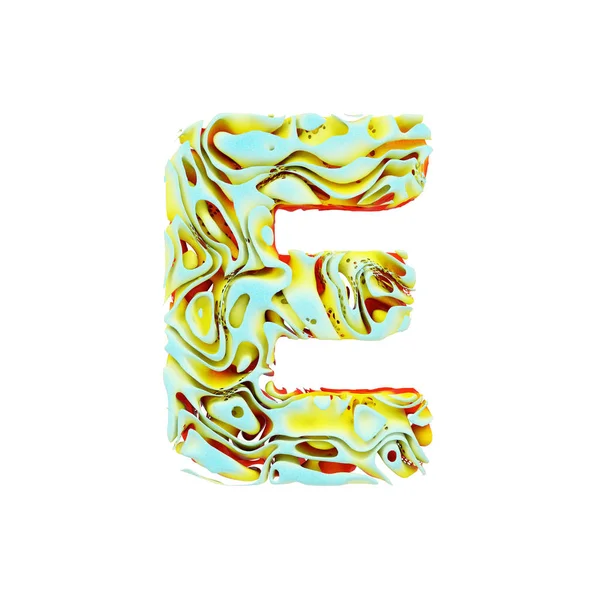 Alfabet letter E hoofdletters. Vloeibare dynamische lettertype gemaakt van Oranje, blauwe en gele inkt in water. 3D render geïsoleerd op witte achtergrond. — Stockfoto