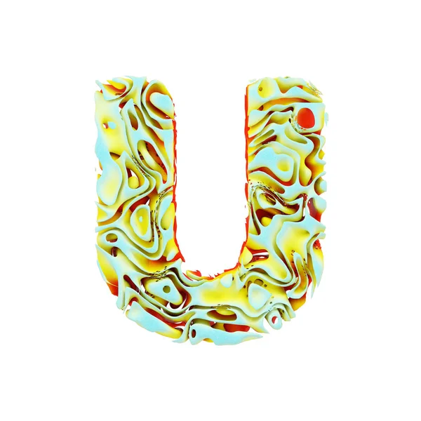 Letra del alfabeto U mayúscula. Fuente dinámica líquida hecha de tinta naranja, azul y amarilla en agua. Representación 3D aislada sobre fondo blanco . —  Fotos de Stock