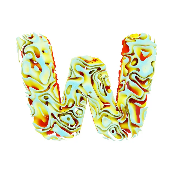 Alphabet bokstaven W versaler. Flytande dynamisk dopfunten gjord av orange, blått och gult bläck i vatten. 3D render isolerad på vit bakgrund. — Stockfoto