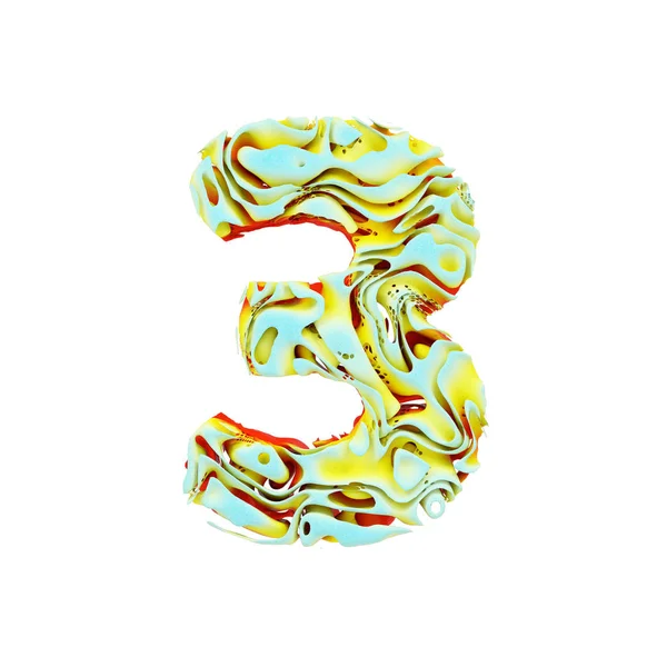 Alfabet nummer 3. Vloeibare dynamische lettertype gemaakt van Oranje, blauwe en gele inkt in water. 3D render geïsoleerd op witte achtergrond. — Stockfoto