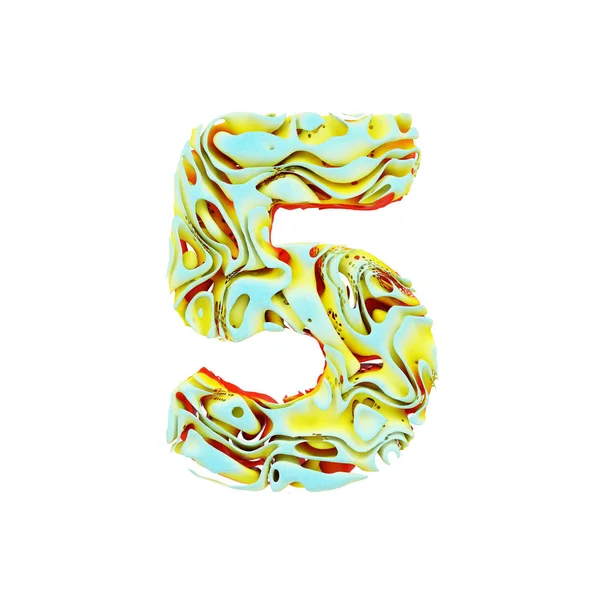 Alphabet numéro 5. Fonte dynamique liquide à l'encre orange, bleue et jaune dans l'eau. rendu 3D isolé sur fond blanc . — Photo