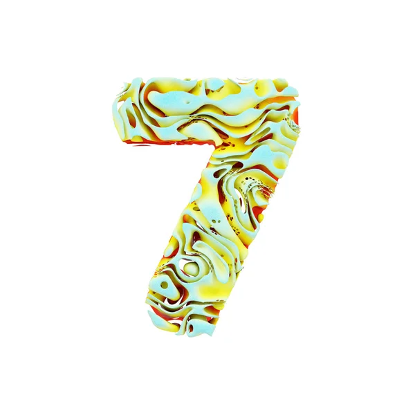 Alfabetet nummer 7. Flytande dynamisk dopfunten gjord av orange, blått och gult bläck i vatten. 3D render isolerad på vit bakgrund. — Stockfoto
