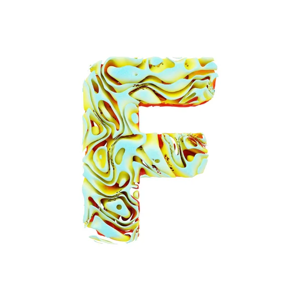 Alfabeto letra F maiúscula. Fonte dinâmica líquida feita de tinta laranja, azul e amarela em água. Renderização 3D isolada em fundo branco . — Fotografia de Stock