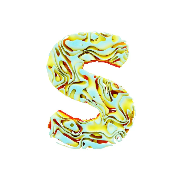 Alphabet lettre S majuscule. Fonte dynamique liquide à l'encre orange, bleue et jaune dans l'eau. rendu 3D isolé sur fond blanc . — Photo