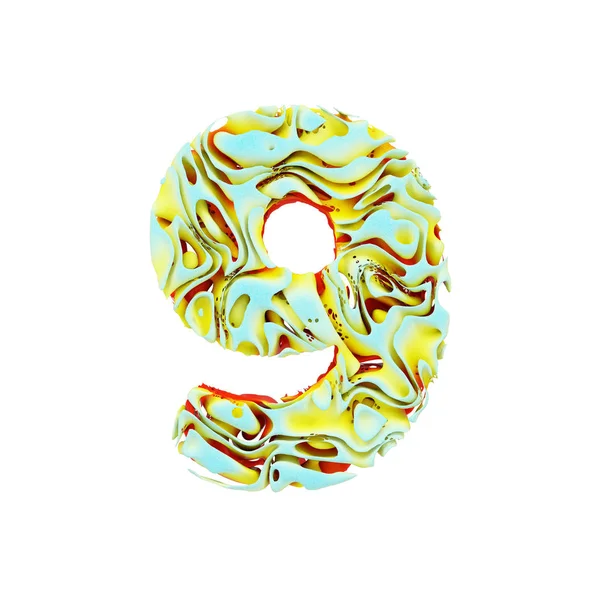 Alphabet numéro 9. Fonte dynamique liquide à l'encre orange, bleue et jaune dans l'eau. rendu 3D isolé sur fond blanc . — Photo