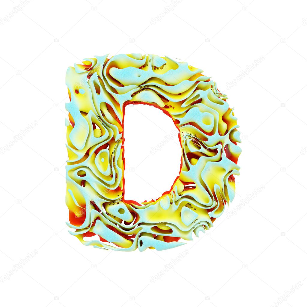 Alphabet letter D uppercase. Liquid dynamic font made of orange, blue and yellow ink in water. 3D render isolated on white background.