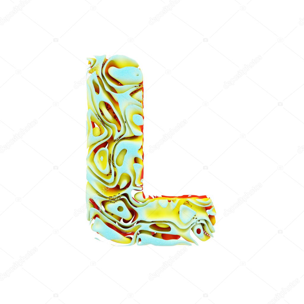 Alphabet letter L uppercase. Liquid dynamic font made of orange, blue and yellow ink in water. 3D render isolated on white background.