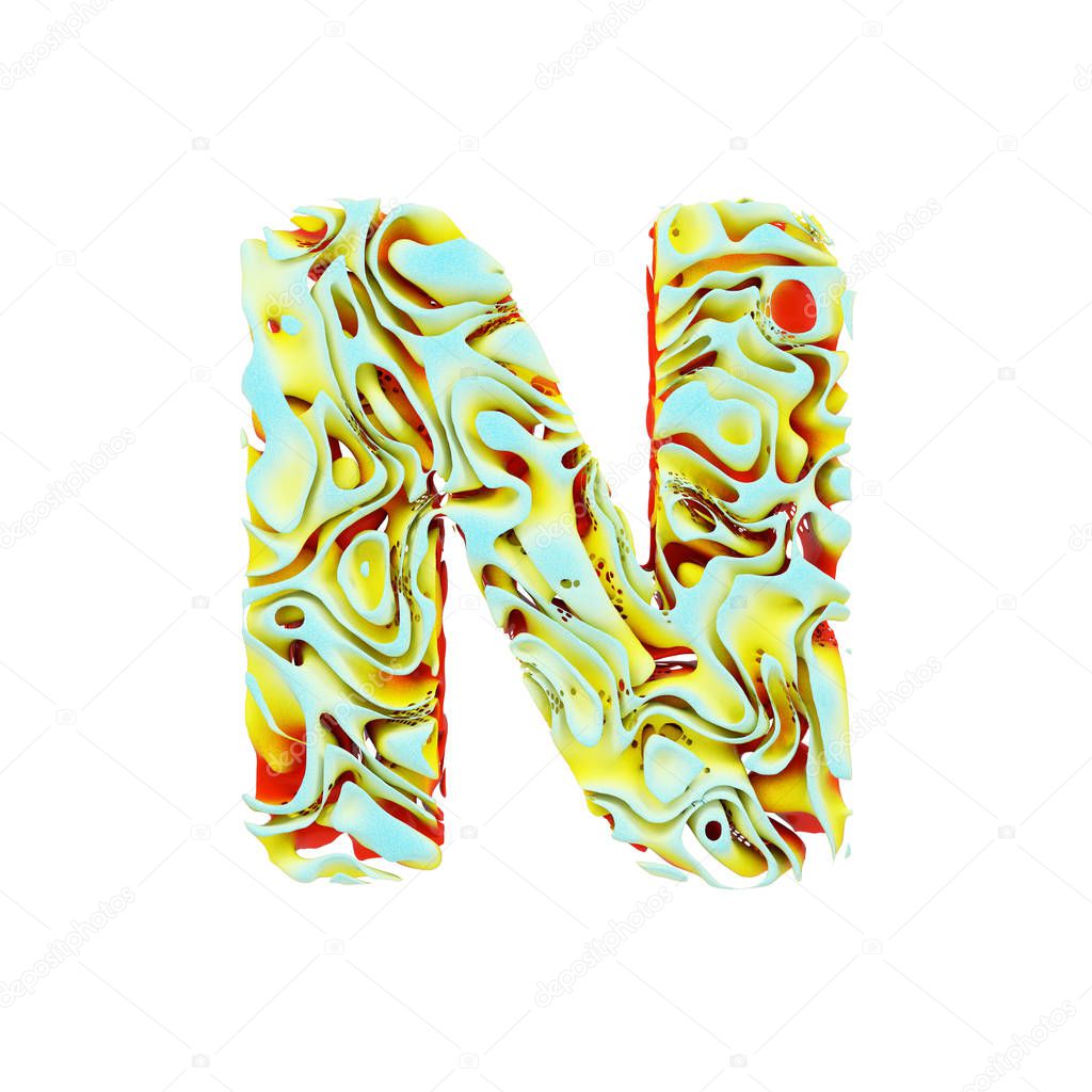 Alphabet letter N uppercase. Liquid dynamic font made of orange, blue and yellow ink in water. 3D render isolated on white background.