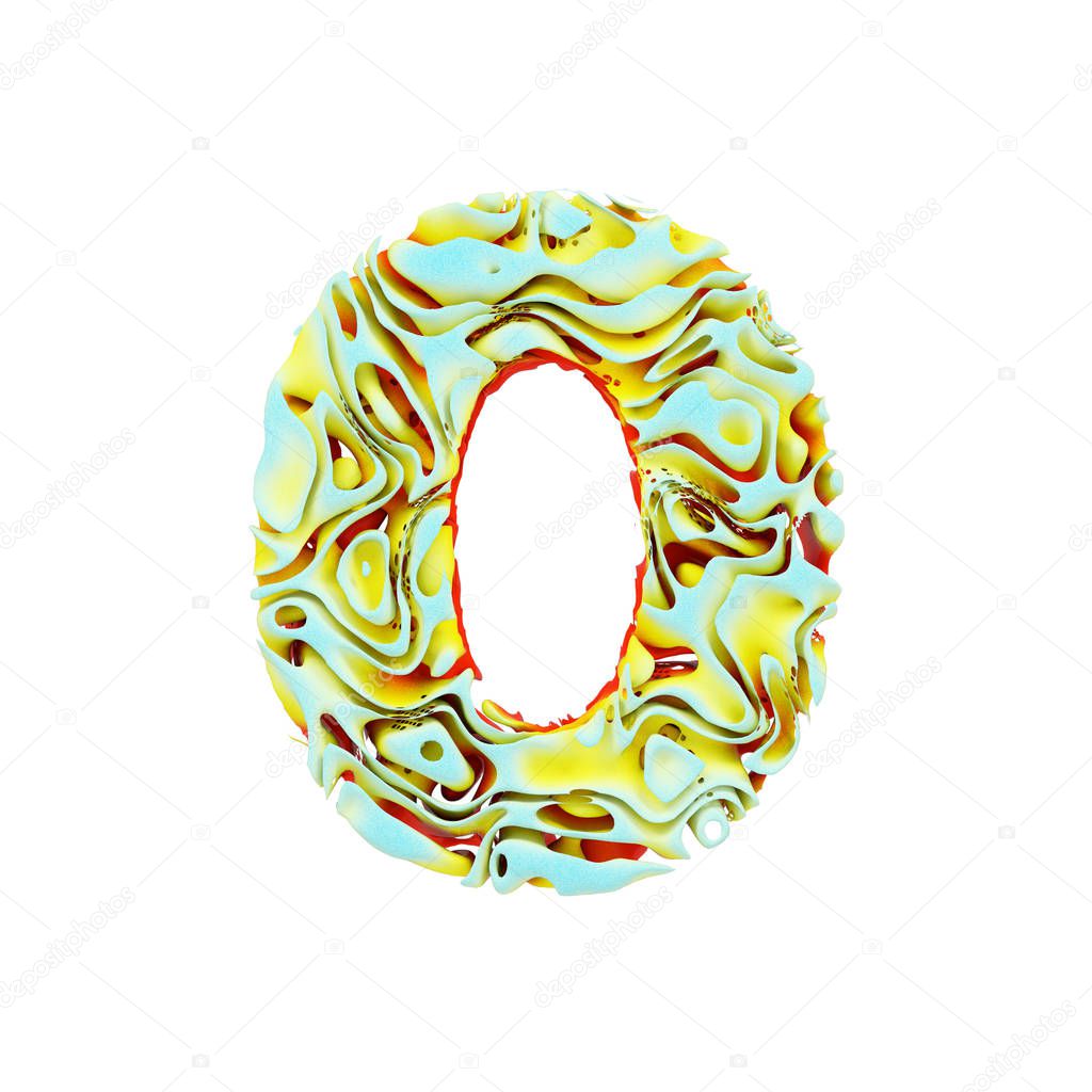 Alphabet number 0. Liquid dynamic font made of orange, blue and yellow ink in water. 3D render isolated on white background.