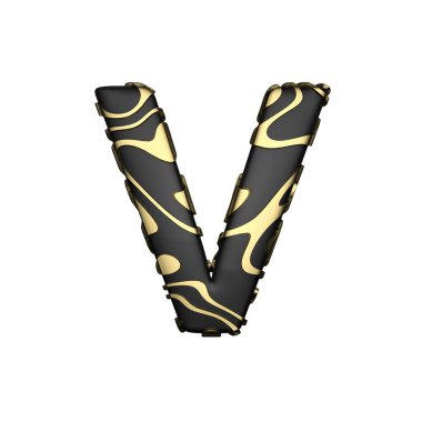 Alfabe harf büyük harf V. Sarı altın lekeleri ile siyah karbon yazı. Beyaz arka plan üzerinde izole 3d render.