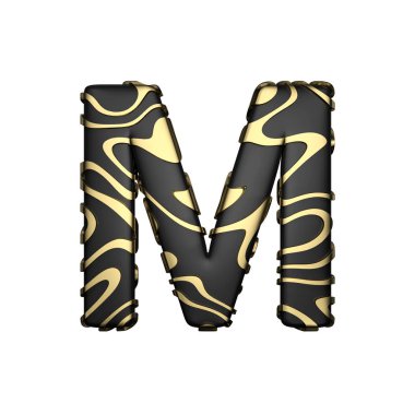 Alfabe harf büyük harf M. Sarı altın lekeleri ile siyah karbon yazı. Beyaz arka plan üzerinde izole 3d render.
