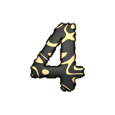 Alfabe sayı 4. Sarı altın lekeleri ile siyah karbon yazı. Beyaz arka plan üzerinde izole 3d render.