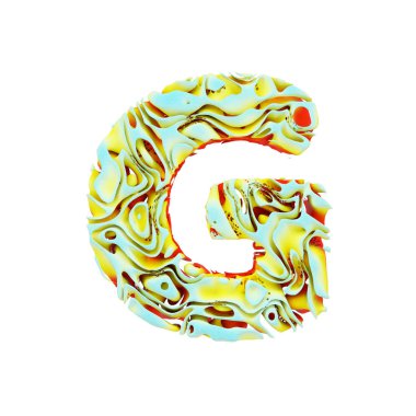 Alfabe harf G büyük harf. Sıvı Dinamik font su turuncu, mavi ve sarı renkli mürekkeple yapılmış. Beyaz arka plan üzerinde izole 3d render. Tipografi sembolden canlı sıvı boyalar.