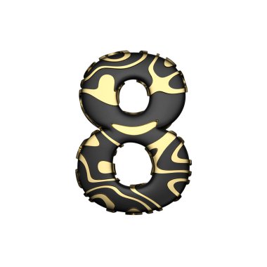 Alfabe sayı 8. Sarı altın lekeleri ile siyah karbon yazı. Beyaz arka plan üzerinde izole 3d render.