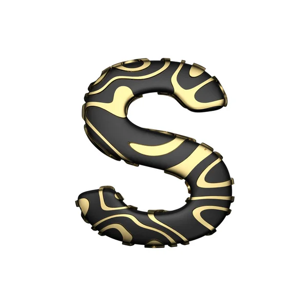 Alphabet bokstaven S versaler. Svart carbonic teckensnitt med gula gyllene fläckar. 3D render isolerad på vit bakgrund. — Stockfoto